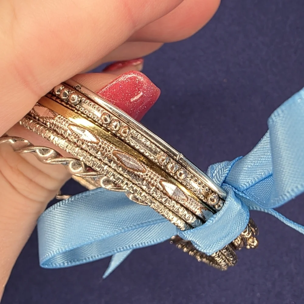 Mixed Metal Stacking Bangle Bracelet Set Silver Gold Tone 8pc 312